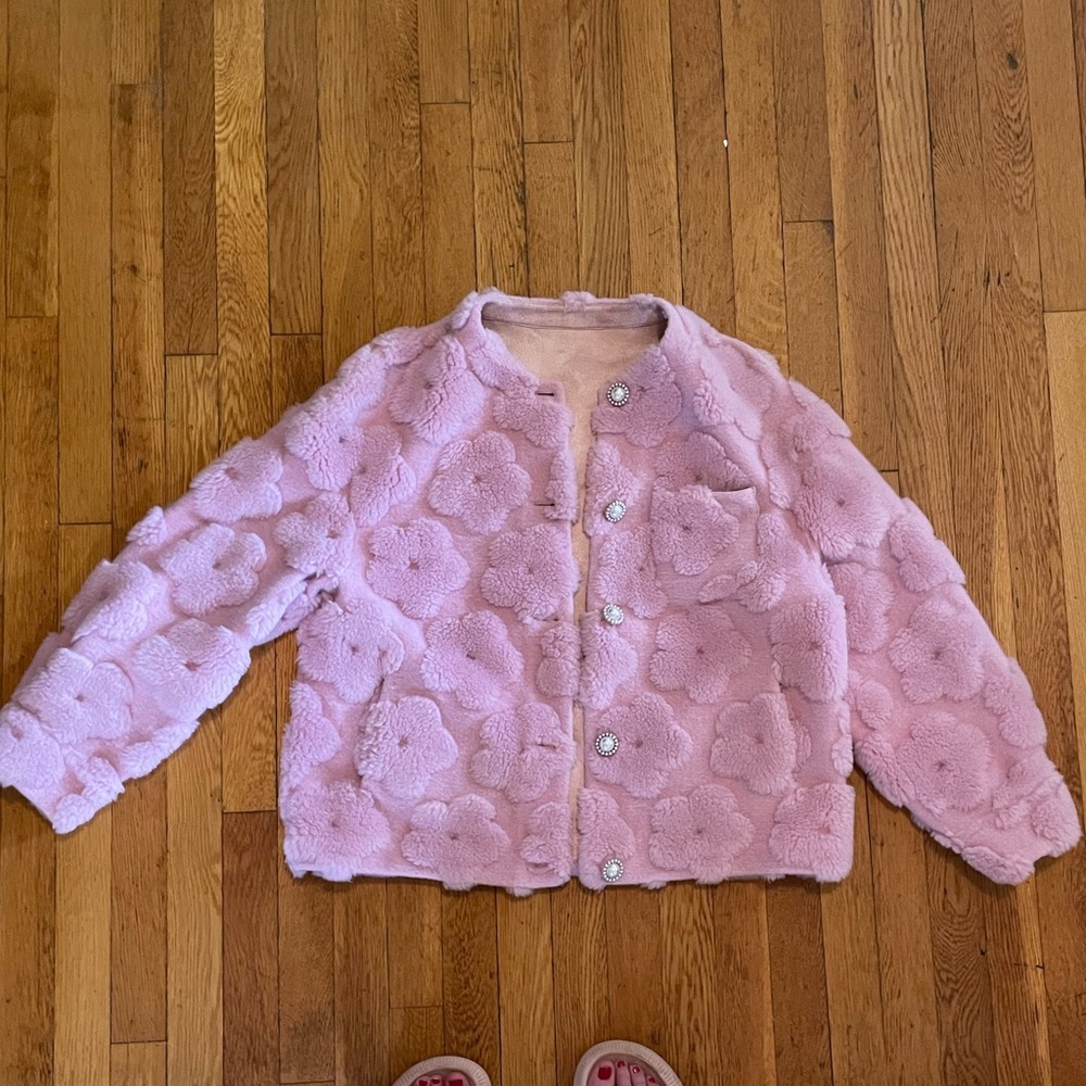 Pink Teddy Jacket with Cropped Length and Collarless Design
